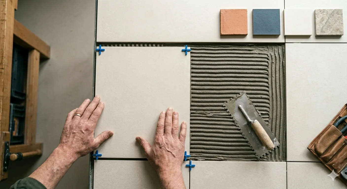 Pose de carrelage grand format sur un sol intérieur