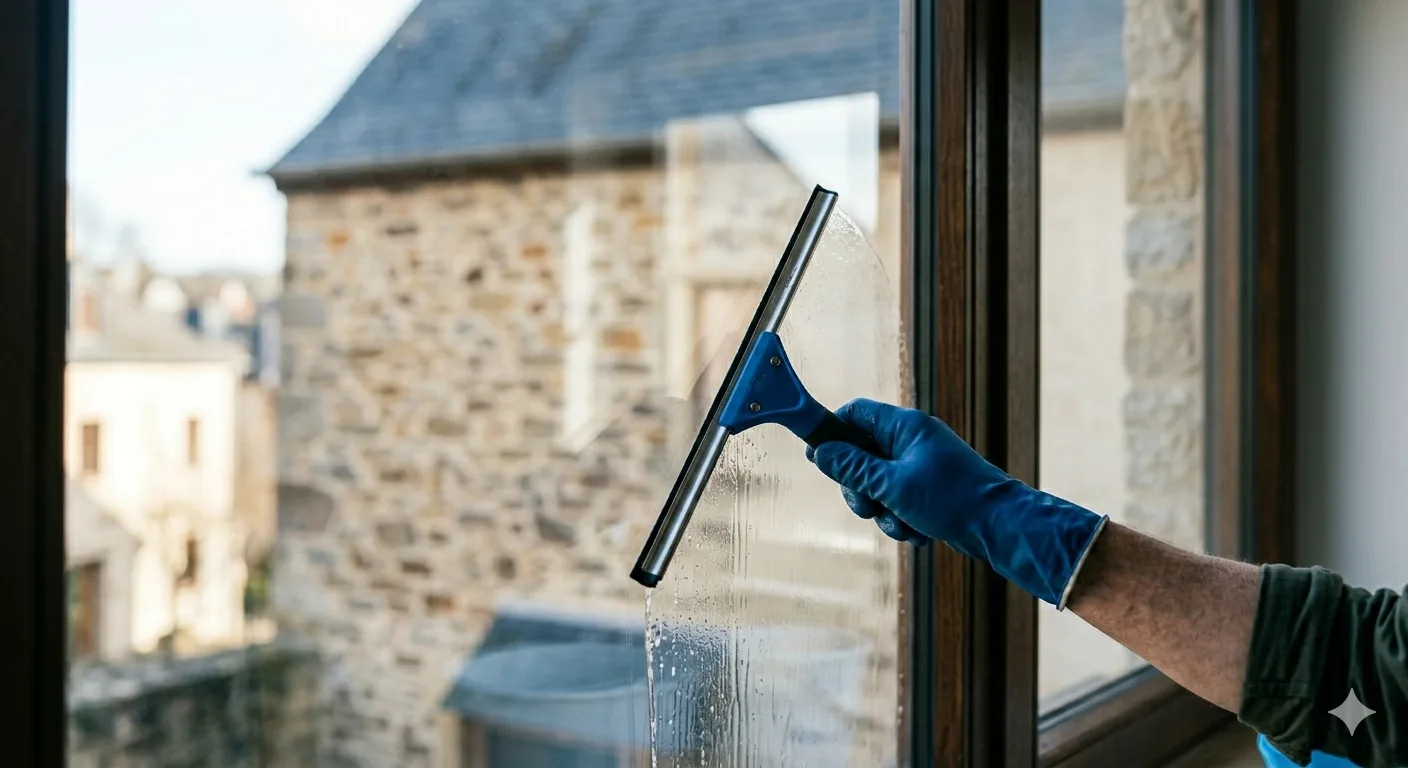 Professionelle Fensterreinigung mit einem Abzieher