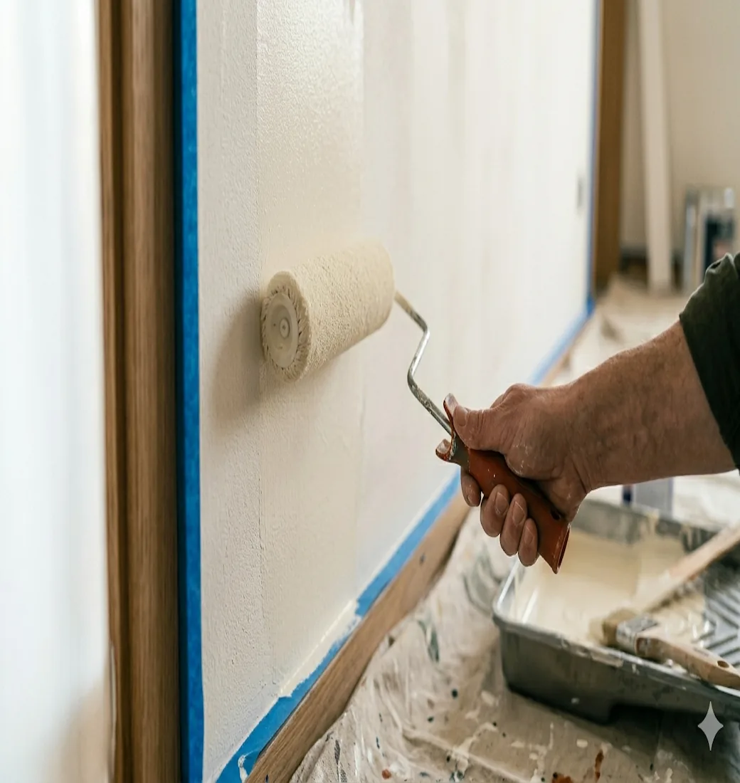 Application soignée de peinture sur un mur intérieur