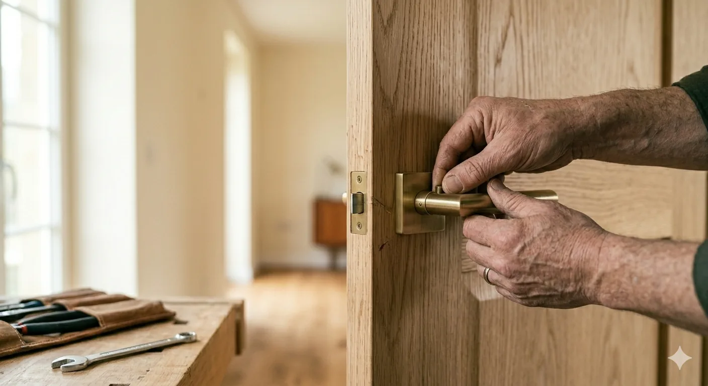Pose d'une poignée en laiton sur une porte en chêne